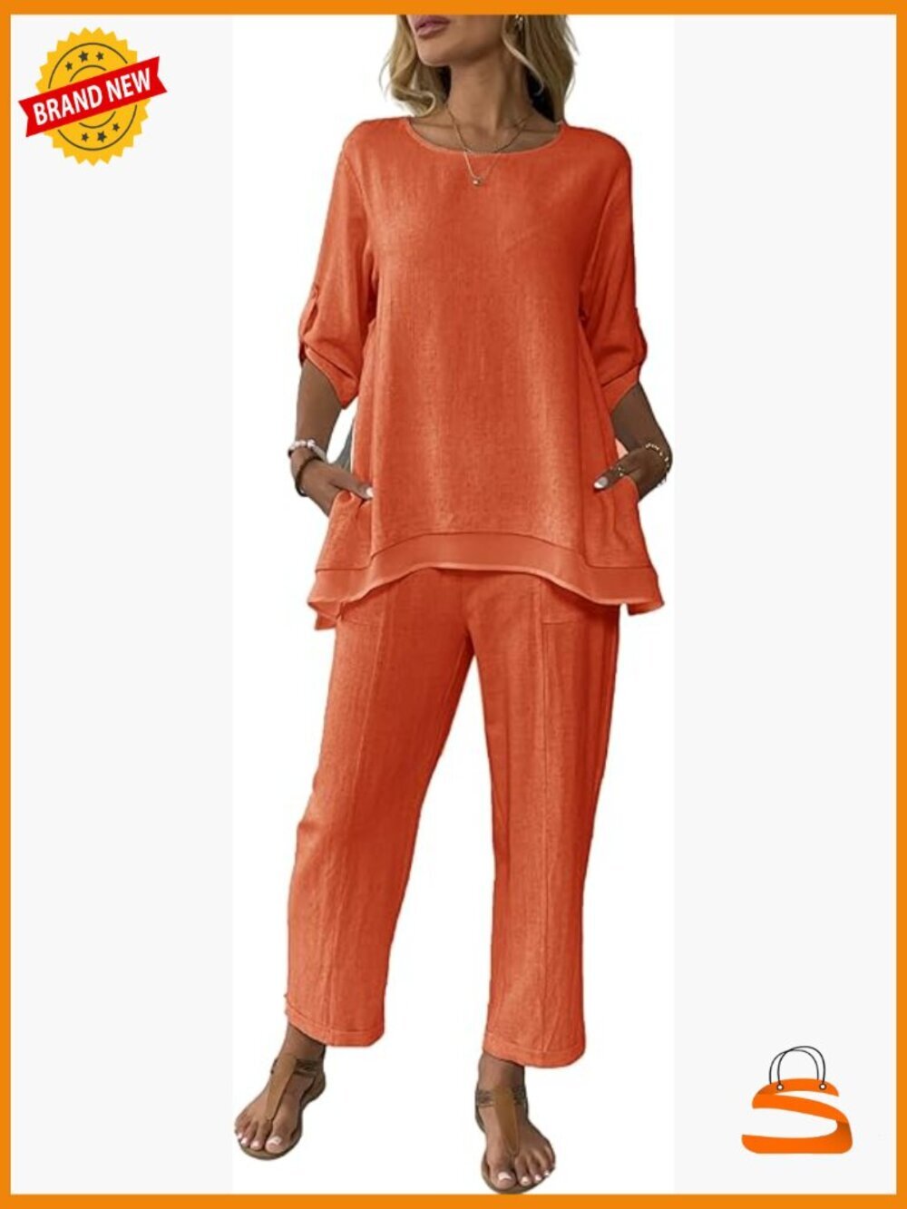 Linen 2 Piece Outfit Rolled Sleeve Crop Wide Leg Pants Suit Set Summer